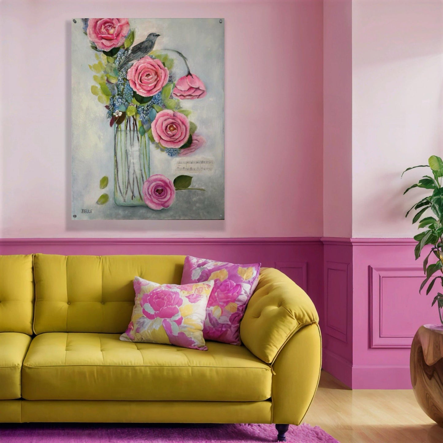 Blue bird floral 22x28 oil on canvas